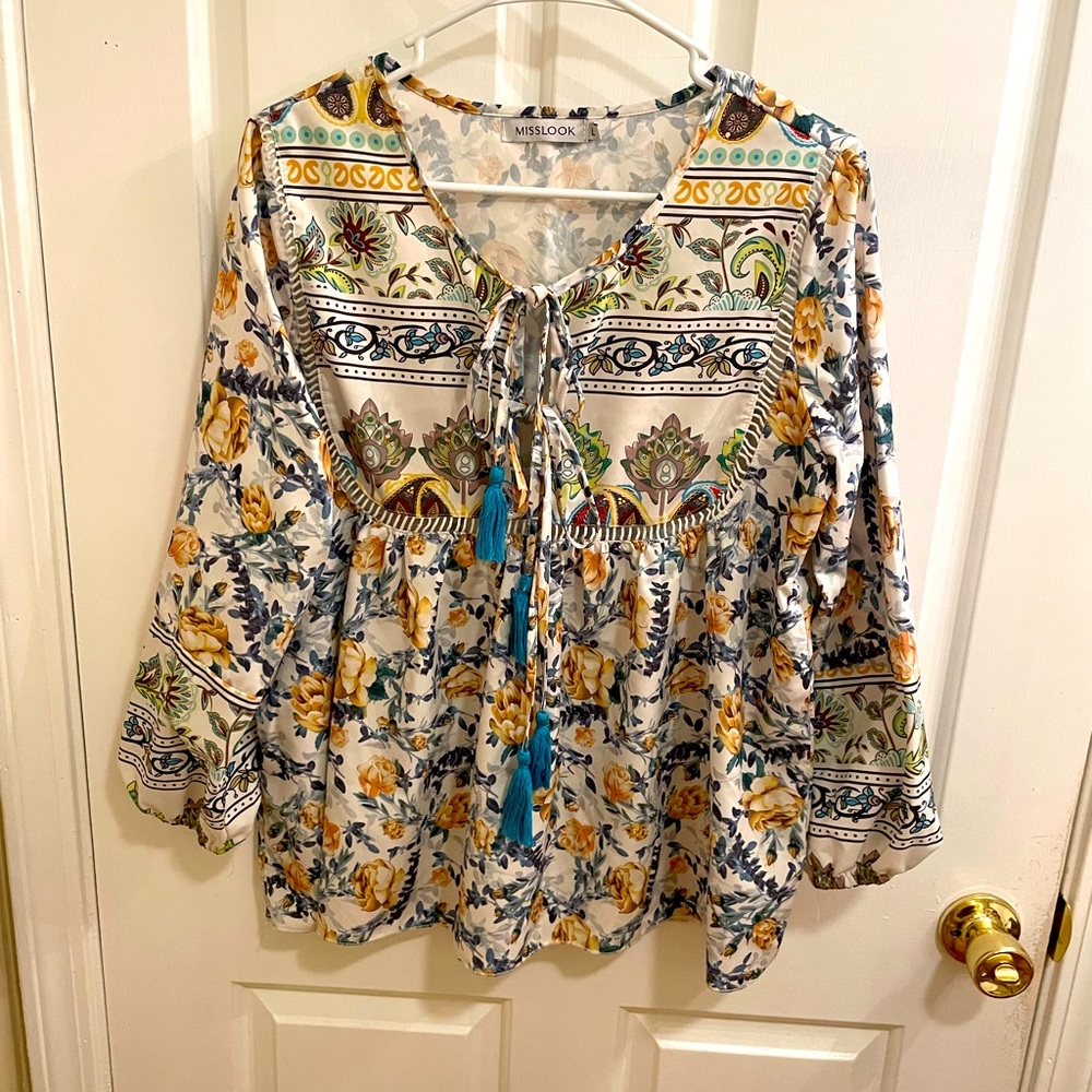 MISSLOOK Top, Floral & Paisley in Yellow, Blue, Green, with Tassels, Like New